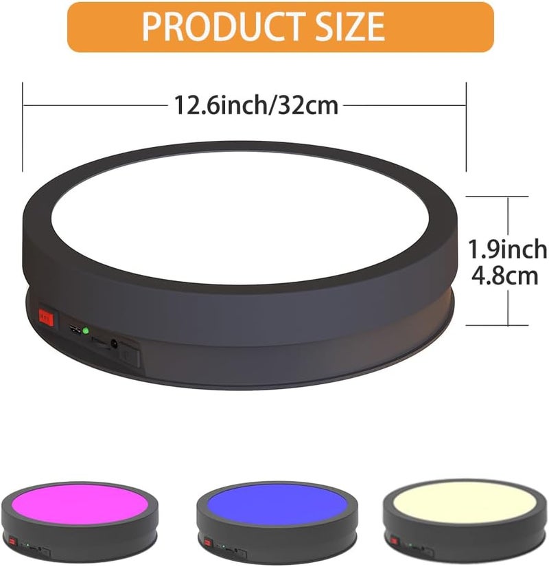 JAYEGT Variety Colors LED Light Base Non-Slip Rotating Display Stand , 66Lbs Load,360 Photography Turntable for Products Shows, Glass Crystal Artwork, Jewelry,Remote control (12.6inch / 6Color LED Light / Black/Rechargeable) - Image 4